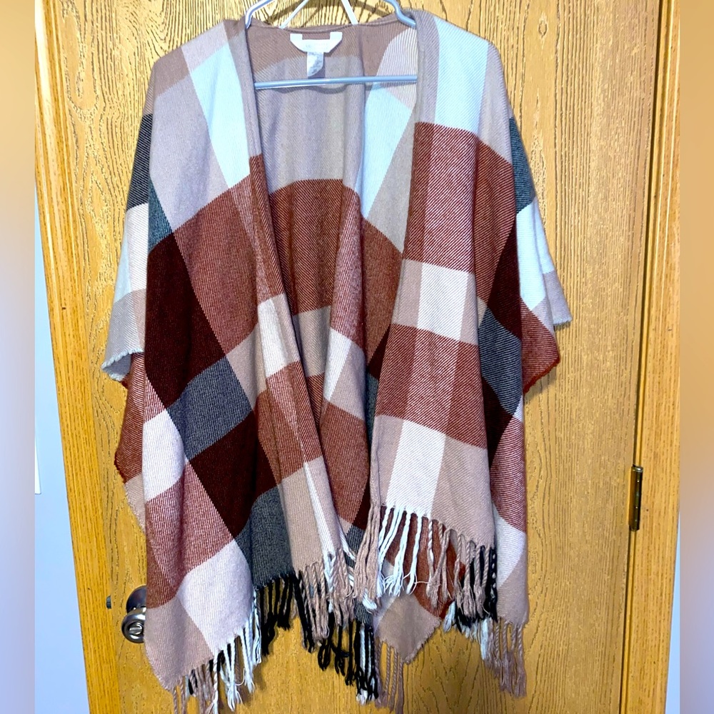 LAUREN CONRAD Women's One size Pink Beige Plaid Fringe Poncho Cardigan Sweater